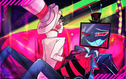 HD PC desktop wallpaper of Hazbin Hotel: Lucifer reclining in a white top hat and suit beside TV-headed Vox in a sharp suit, both posed against neon, glitchy hearts and a vibrant backdrop.