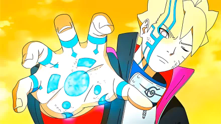 HD PC desktop wallpaper of Borushiki (Boruto) from the anime Boruto, showing him with glowing blue chakra markings and an outstretched hand against a bright yellow background.