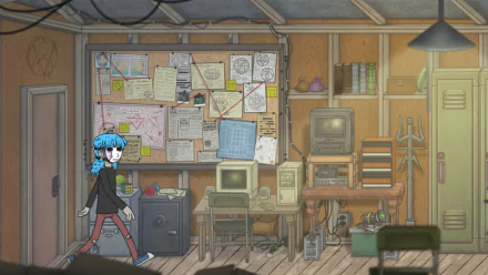 HD PC desktop wallpaper from the video game Sally Face: blue-haired, mask-wearing character walks through a cluttered detective room with bulletin board, vintage monitors and lockers.