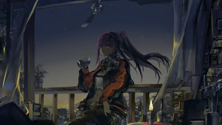4K Ultra HD anime wallpaper featuring Mori Calliope from hololive as a Virtual Youtuber, set against a nighttime cityscape with a dark, moody atmosphere.