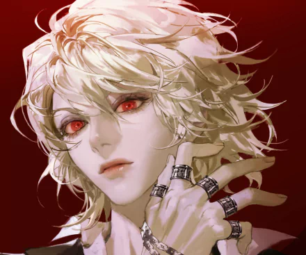 HD anime wallpaper featuring Kurapika from Hunter × Hunter with striking red eyes and tousled blonde hair, set against a deep red background.