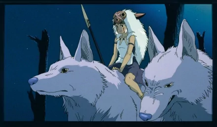 HD PC desktop wallpaper featuring an anime scene from Princess Mononoke with the protagonist riding large white wolves under a night sky.