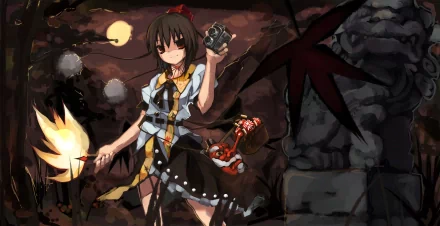 Aya Shameimaru from Touhou in anime style, moonlit scene holding a camera and fan with dark autumn backdrop — HD PC desktop wallpaper.