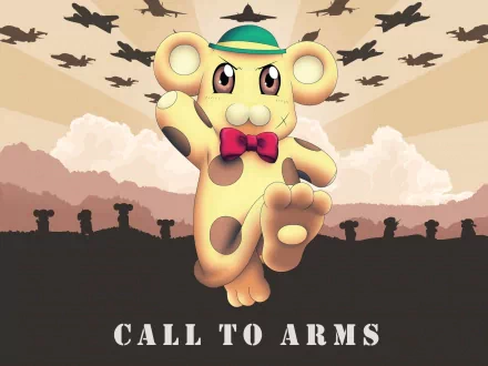 A vibrant HD wallpaper featuring an animated bear character wearing a green hat and bow tie, set against a dramatic background, inspired by Full Metal Panic! themes.