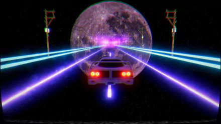 Retrowave video game HD PC desktop wallpaper/background: neon sports car races along glowing blue and purple laser lanes toward a giant purple moon.