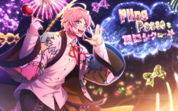 4K Ultra HD PC desktop wallpaper background of Ramuda Amemura from Hypnosis Mic — pink-haired anime performer in a colorful jacket holding a lollipop amid fireworks, neon stars and sparkles.