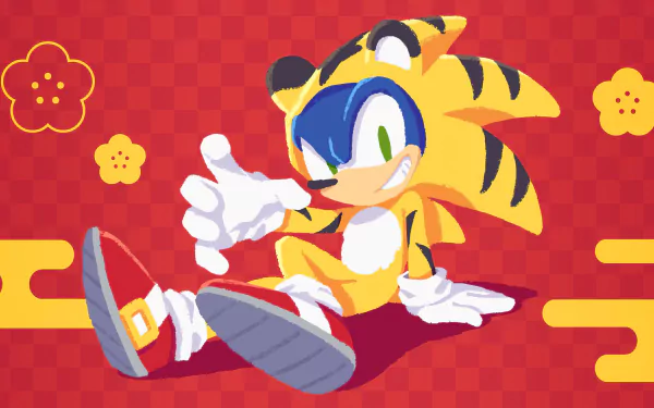 Vibrant 8K Ultra HD PC desktop wallpaper featuring Sonic the Hedgehog dressed in a yellow tiger costume with a red and orange patterned background.