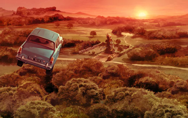 Ford Anglia 100E from Harry Potter and the Chamber of Secrets flying over a golden sunset countryside, HD PC desktop wallpaper/background.