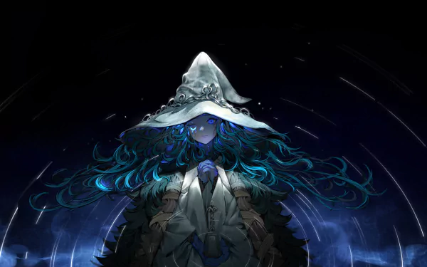 HD PC desktop wallpaper featuring Ranni the Witch from the video game Elden Ring, depicted with glowing blue eyes and flowing hair against a dark, starry background.
