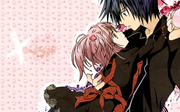 Anime wallpaper featuring characters from Shugo Chara! in a close embrace against a pink patterned background, showcasing vibrant colors and dynamic expressions.