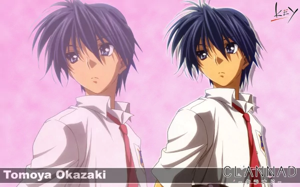 HD PC desktop wallpaper of Tomoya Okazaki from Clannad, anime portrait showing two side-by-side poses of him against a soft pink background.