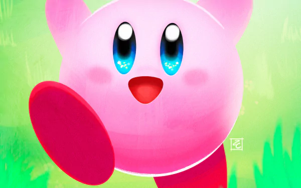 HD PC desktop wallpaper of Kirby from the video game Kirby and The Forgotten Land: smiling pink sphere with blue eyes stepping forward against a bright green backdrop.