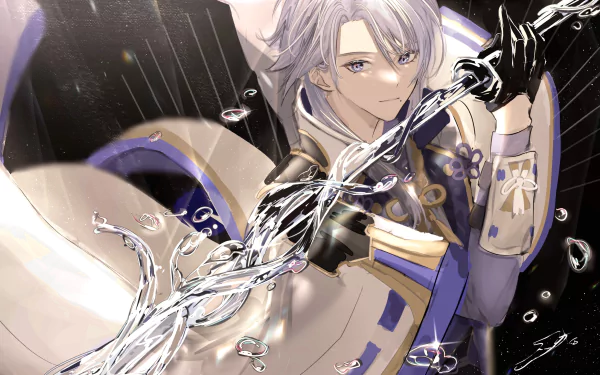 HD PC desktop wallpaper featuring Kamisato Ayato from the video game Genshin Impact, showcasing dynamic water effects and detailed character art.