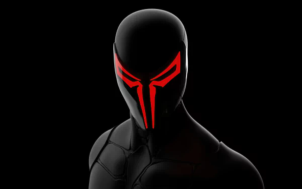 Venom in a sleek black suit with red glowing eyes and markings, styled for Spider-Man 2099, showcased in an 8K Ultra HD comic-themed PC desktop wallpaper.