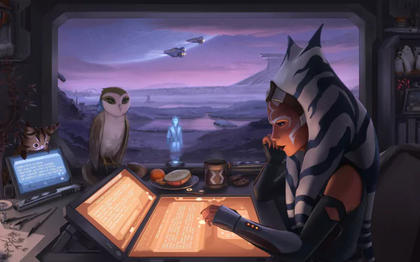 HD desktop wallpaper featuring Ahsoka Tano from Star Wars in a sci-fi setting, working at a futuristic desk with a hologram, an owl-like creature, and a dramatic landscape visible through the window.