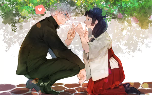 Utahime Iori and Satoru Gojo from Jujutsu Kaisen share a tender moment under lush greenery in this vibrant 4K Ultra HD anime desktop wallpaper.