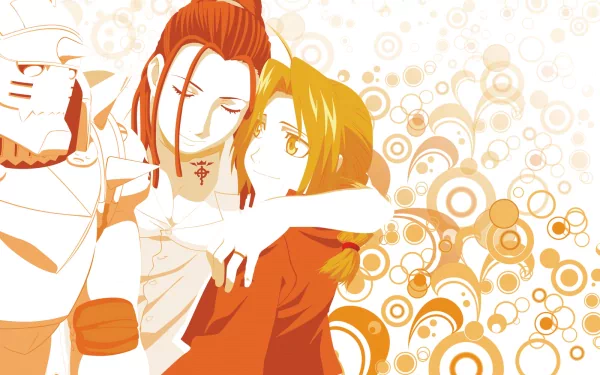 A vibrant HD wallpaper featuring Izumi Curtis, Alphonse Elric, and Edward Elric from the anime Fullmetal Alchemist, surrounded by dynamic, circular patterns in warm colors.