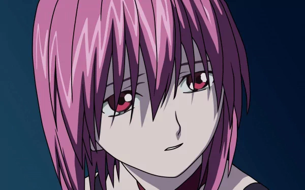 A close-up of Lucy from the anime Elfen Lied, featuring her striking pink hair and expressive gaze, serves as an engaging HD PC desktop wallpaper and background.