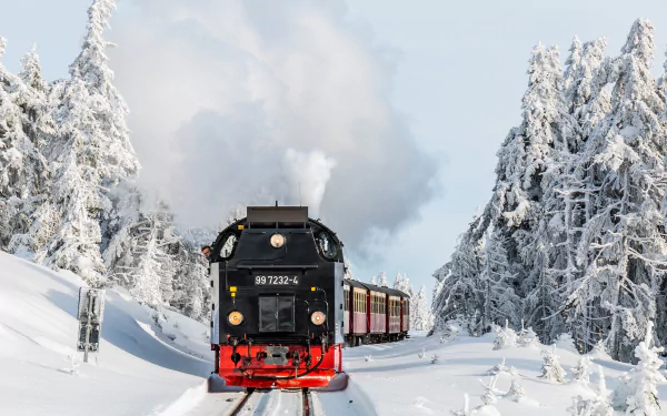 A vintage train travels through a snowy winter landscape, surrounded by snow-covered trees, captured in high-definition for a desktop wallpaper and background.