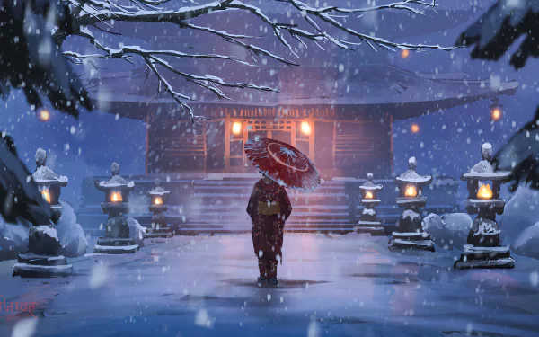 4K Ultra HD desktop wallpaper of a lone geisha in a red kimono and umbrella crossing a snow-covered temple courtyard at night, lanterns glowing in a fantasy oriental snowfall.