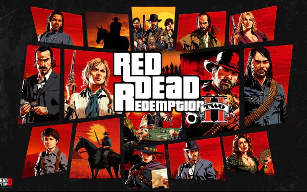 A vibrant 4K Ultra HD wallpaper featuring characters from the video game Red Dead Redemption 2, showcasing a collage of iconic figures against a dramatic red background.