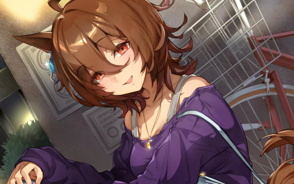 HD PC desktop wallpaper of Agnes Tachyon from Uma Musume: Pretty Derby — anime portrait of a brown-haired girl with horse ears in a purple sweater, smiling in an evening urban setting.