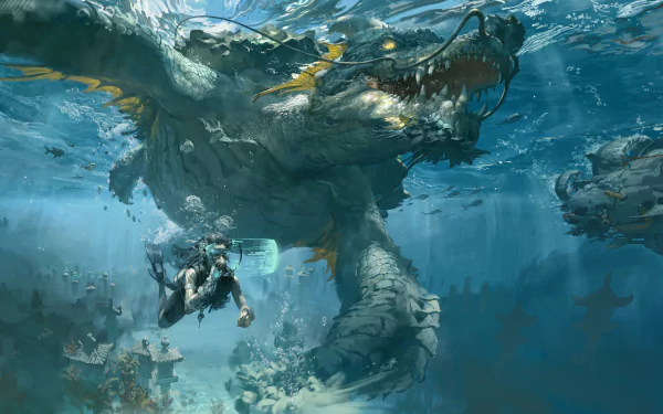 Underwater fantasy scene featuring a colossal sea monster confronting a diver, rendered in stunning 8K Ultra HD for a PC desktop wallpaper.