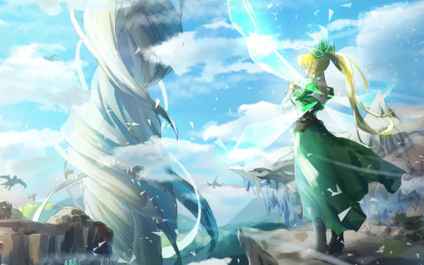 HD desktop wallpaper featuring Suguha Kirigaya as Leafa from Sword Art Online, set in a dynamic anime scene with swirling winds and a bright sky.