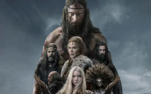 5K Ultra HD PC desktop wallpaper for the movie The Northman: a brooding, bearded warrior looms behind costumed cast in fur and armor under stormy skies.