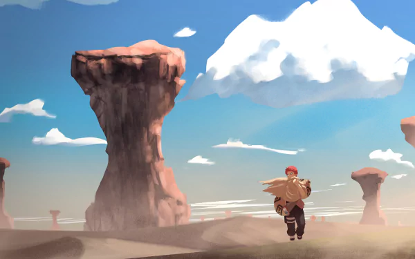 4K Ultra HD anime wallpaper featuring Gaara from Naruto running through a desert landscape with towering rock formations under a bright, partly cloudy sky.