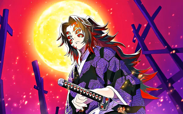 HD anime desktop wallpaper featuring Kokushibo from Demon Slayer: Kimetsu no Yaiba, with a vibrant full moon and striking red and purple hues in the background.