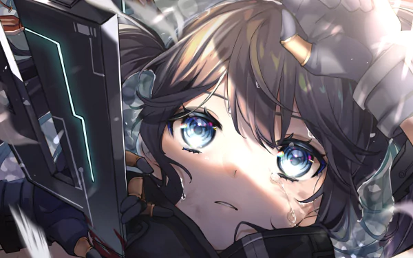 Close-up of Black Rock Shooter from Black ★★ Rock Shooter: Dawn Fall — anime 2K Quad HD PC desktop wallpaper/background showing a determined, blue-eyed heroine with rifle in rain and dramatic light.