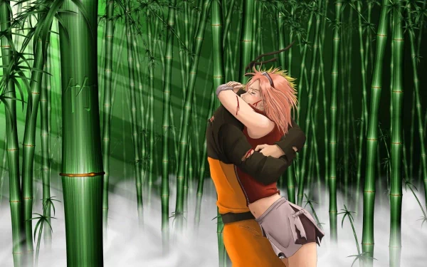 Naruto Uzumaki and Sakura Haruno embrace in a lush bamboo forest. This HD anime desktop wallpaper features characters from the series Naruto.