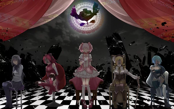 A striking HD wallpaper featuring characters from Puella Magi Madoka Magica: Sayaka Miki, Mami Tomoe, Kyōko Sakura, Madoka Kaname, and Homura Akemi against a dramatic backdrop.