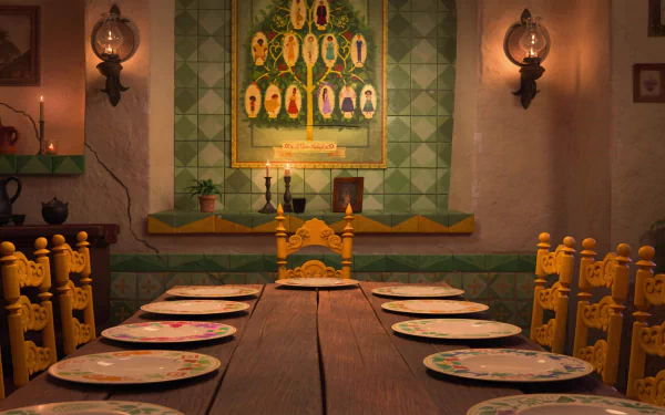 Encanto movie 2K Quad HD PC desktop wallpaper: warm tiled dining room with a long wooden table, yellow carved chairs, place settings, candles, and a glowing family-tree portrait on the wall.