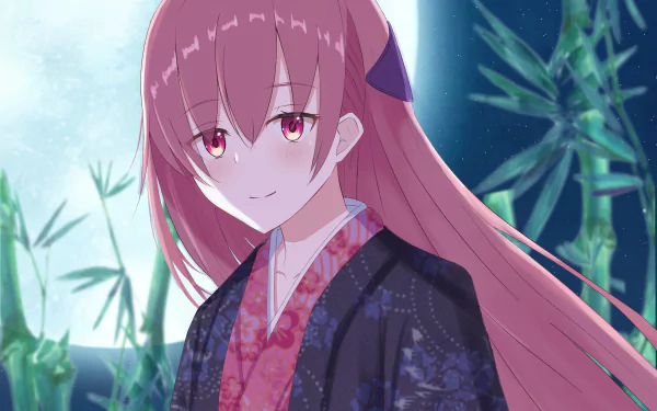 Tsukasa Yuzaki from TONIKAWA: Over the Moon For You — pink-haired girl in a kimono beneath moonlit bamboo, HD PC desktop wallpaper/background.