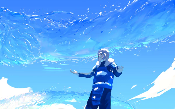 HD PC desktop wallpaper featuring Tobirama Senju from the anime Naruto, standing against a vivid blue sky with dynamic water effects.