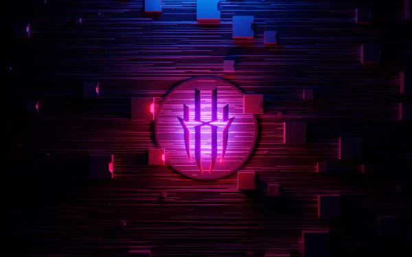 HD PC desktop wallpaper featuring the RedMagic technology logo: a glowing circular emblem with three vertical claw-like slashes on a dark, linear, neon-red and purple tech background.