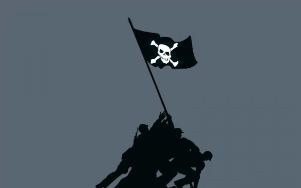 A striking HD wallpaper featuring a pirate flag with the Jolly Roger, set against a dark background, symbolizing technology and the hacker spirit.