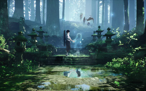 HD desktop wallpaper featuring Yuta Okkotsu from Jujutsu Kaisen 0 standing in a serene forest with mystical creatures floating around. The lush greenery and ancient stone steps add to the magical ambiance.