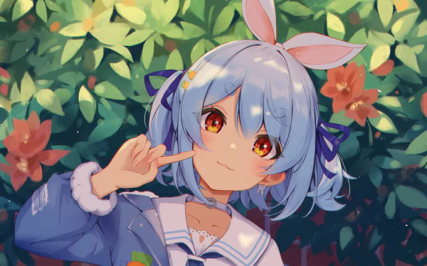 HD anime-style desktop wallpaper featuring Usada Pekora, a Virtual YouTuber from hololive, set against a vibrant garden background with flowers and greenery.
