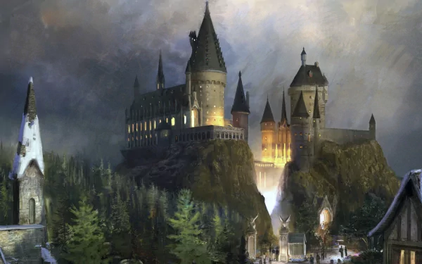 HD desktop wallpaper featuring a majestic view of Hogwarts Castle amidst a mystical fantasy landscape, with lush forests and enchanting structures in the foreground.