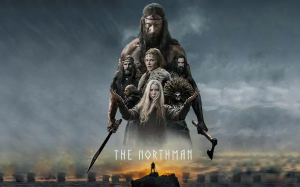 HD desktop wallpaper featuring Anya Taylor-Joy, Alexander Skarsgård, and Nicole Kidman from the movie The Northman against a dramatic, stormy backdrop.