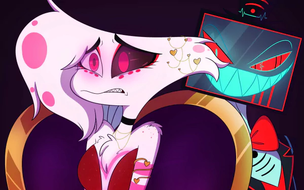 HD PC desktop wallpaper featuring Vox and Angel Dust from the TV show Hazbin Hotel with vibrant colors and dynamic expressions.