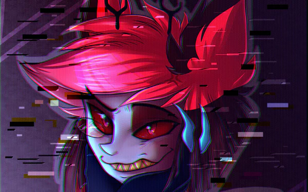 HD PC desktop wallpaper featuring Hazbin Hotel TV show characters Vox and Alastor: glitchy neon-red Vox with glowing eyes, jagged grin, and static, distorted background.