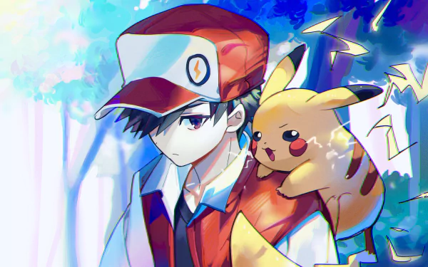 HD PC desktop wallpaper: anime-style Pokémon scene featuring Red (Pokémon) with Pikachu on his shoulder against a vibrant, painterly forest background.