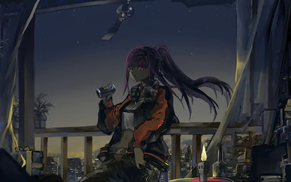 4K Ultra HD anime wallpaper featuring Mori Calliope from hololive as a Virtual Youtuber, set against a nighttime cityscape with a dark, moody atmosphere.