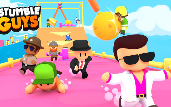 HD PC desktop wallpaper featuring vibrant characters from the video game Stumble Guys navigating a colorful obstacle course.