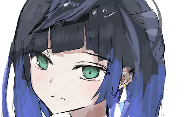 Yelan (Genshin Impact) close-up portrait, green eyes and dark blue hair — 2K Quad HD PC desktop wallpaper/background, video game art.