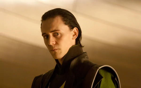 Moody portrait of Loki from Marvel's Thor film in green-black costume with slicked-back hair and warm golden lighting — 4K Ultra HD PC desktop wallpaper/background.